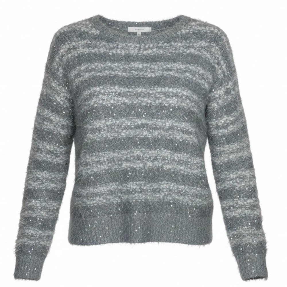 Apt 9 Womens Grey Striped Eyelash Knit Sequin Sweater Crew Neck Long Sleeve L